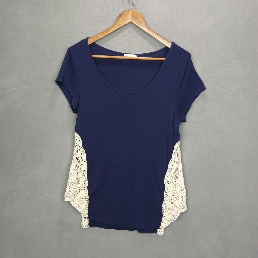 Paper Tee T Shirt Womens XL Dark Blue White Crochet Side Scoop Neck Botanical